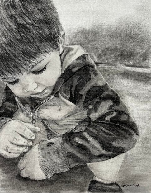 Charcoal drawing of a toddler with a ladybug.