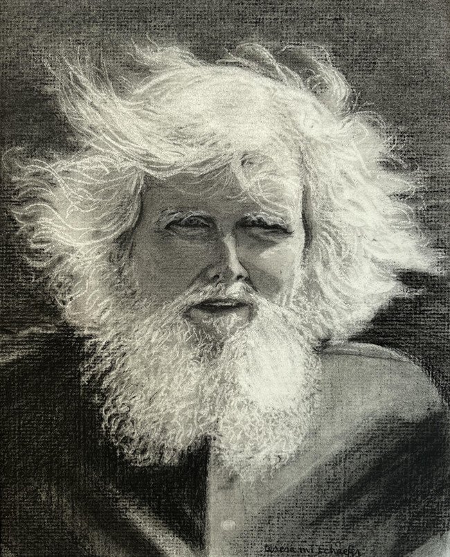 Charcoal drawing of man with white hair blowing in the wind.