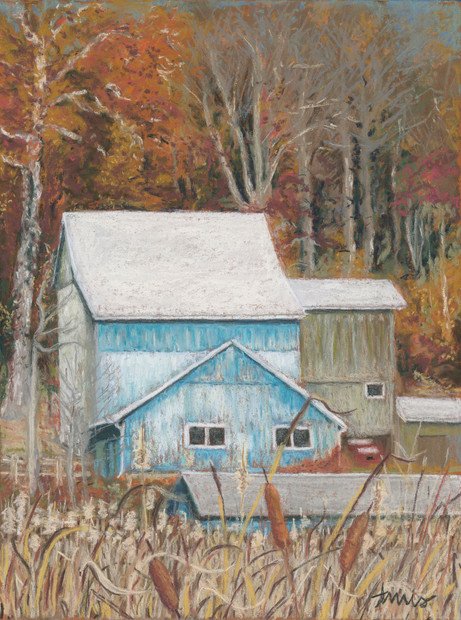 Pastel painting of barn in the fall.