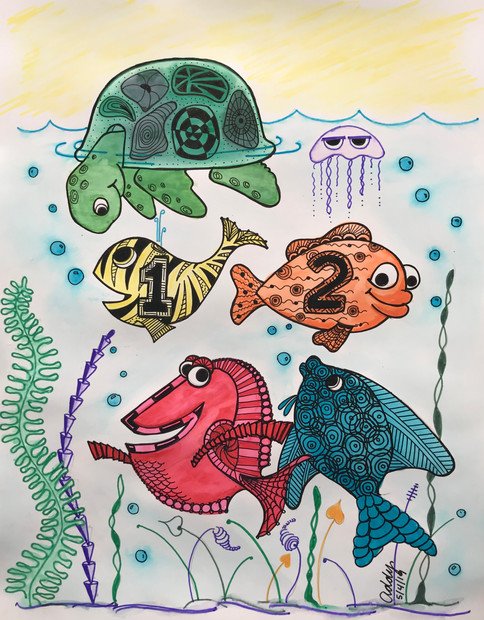 zenesque color rendering of fish and turtles